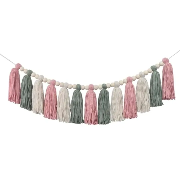 DrCor Boho Pink & Sage Green Tassel Garland – Soft Pastel Wall Hanging for Nursery, Kids Room or Dorm, Baby Shower, Birthday Party Backdrop, or Cozy Home Decor
