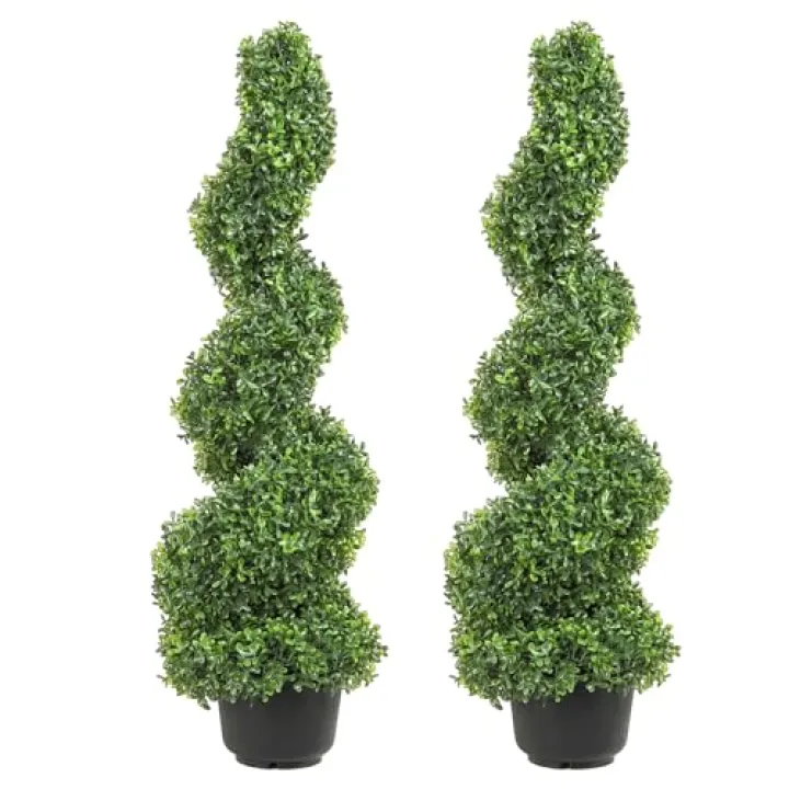 VEVOR Artificial Boxwood Spiral Topiary Trees, 3ft Tall (2 Pieces) Faux Plant Outdoor, All-Year Green Fake Plant with Replaceable Leaves for Decorative/Indoor/Porch/Garden