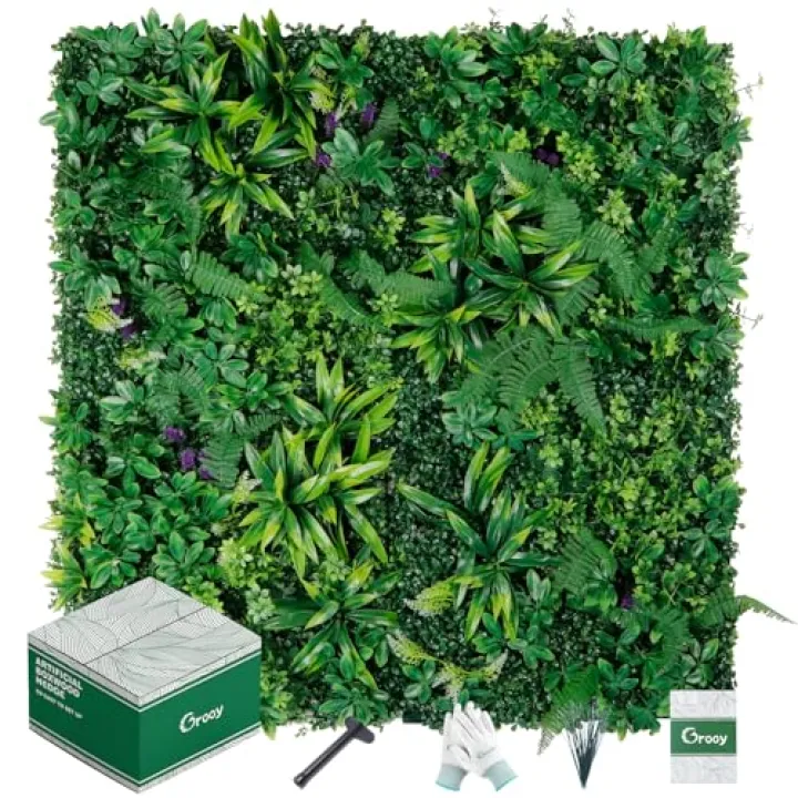 Grooy Artificial Boxwood Panels, Grass Wall Panels 20"x20"(12pcs), Privacy Hedge Fence Screen with UV Protection, Fake Greenery Backdrop for Indoor Wedding and Outdoor Garden Backyard