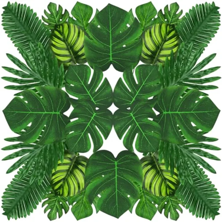 QUOZUO Tropical Party Decorations, 50 Pieces 7 Kinds Palm Leaves Artificial Tropical Monstera, Green Jungle Leaf with Stem for Jungle Hawaiian Luau Party Table Decoration Wedding Birthday
