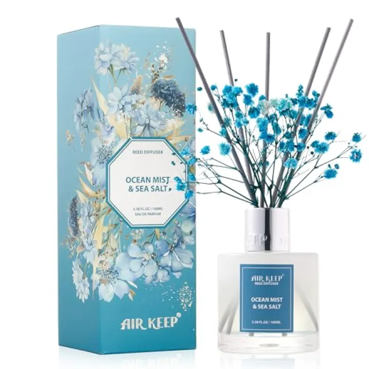 Airkeep Reed Diffuser Set,3.38 fl oz (100 ml) - Ocean Mist&Sea Salt Oil Diffusers with 8 Reed Sticks,Home Fragrance Reed Diffuser for Bathroom Shelf Decor