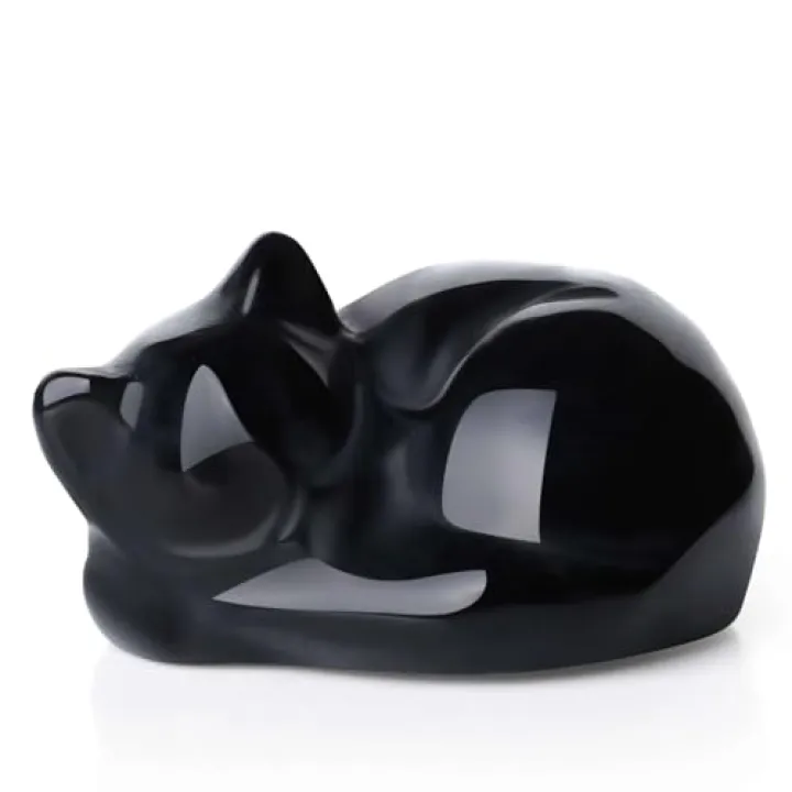 LAIDANLA Black Obsidian Sleeping Cat Statue Healing Crystals Hand Carved Cute Kitten Figurine Sculpture 1.6" Glossy Gemstone Decor Polished Stone Reiki Office Room Bedroom Desk Home Decoration Gifts