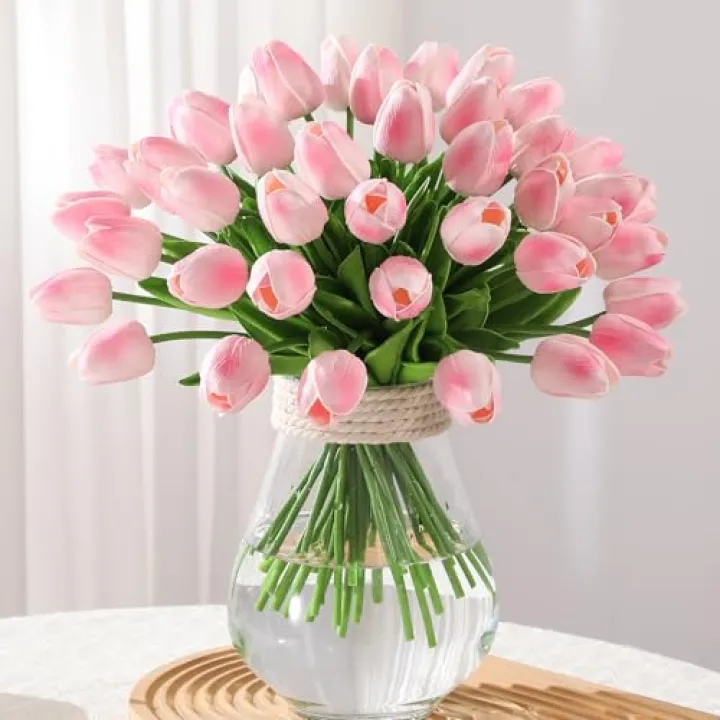 FLORRALIA 24 Pcs Artificial Tulips PU Faux Flowers, Red Real Touch Fake Tulips for Valentine's Day Spring Easter Home Kitchen Wedding Decorations and New Year Decor