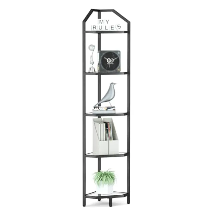 5-Tier Corner Shelf Stand, Black Corner Bookshelf, Bathroom Storage Rack Shelf, Plant Rack, Tempered Glass, Steel Frame, Modern Style for Living Room, Bathroom, Kitchen, Metallic Black