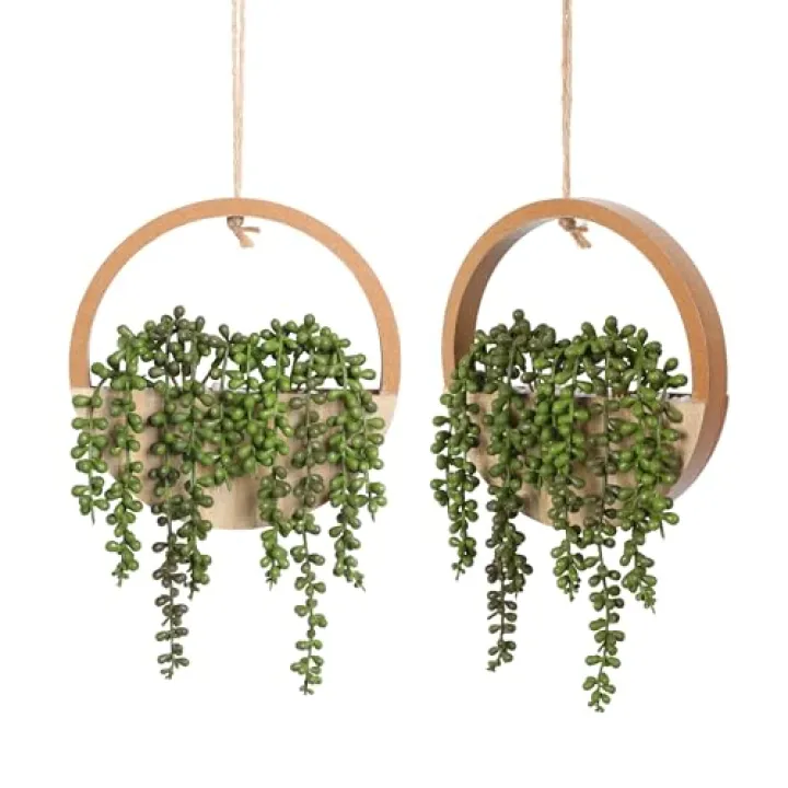 Floweroyal 2pcs Artificial Succulents Hanging Plants 12.2'' Fake String of Pearls in Pot with 8.3'' Lanyard for Indoor Outdoor Wall Decor（Wood Color）.