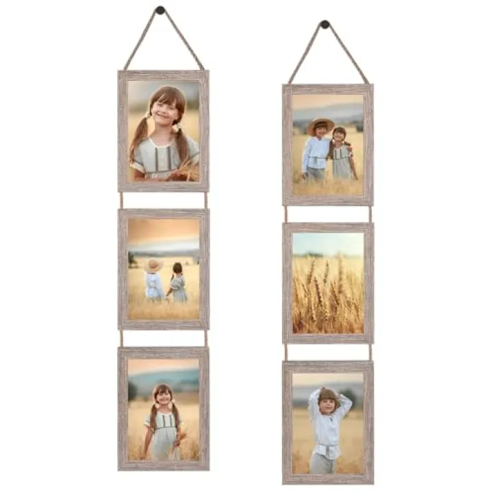 QUTREY Collage Picture Frame 5x7, 6 Openings Vertical Hanging Photo Frame Set of 2, 5 by 7 inch Multi Picture Frames for Wall, Rustic Grain