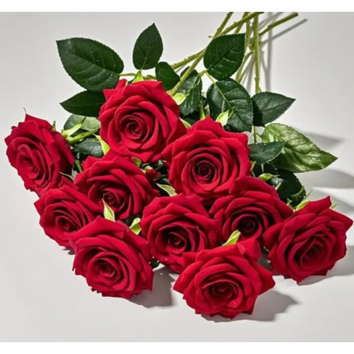 WENSINL Fake Red Roses Artificial Flowers 10 Pieces Valentine's Mother's Day Bouquet Silk Forever with Stems for Wedding Birthday Easter Christmas Engagements Anniversary Home Decor