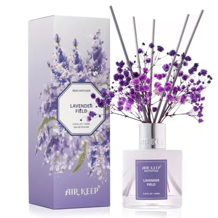 Airkeep Reed Diffuser Set,3.38 fl oz (100 ml) - Lavender Field Oil Diffusers with 8 Reed Sticks, Home Fragrance Reed Diffuser for Bathroom Shelf Decor