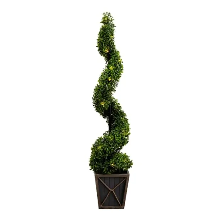 Nearly Natural 45in. UV Resistant Artificial Boxwood Spiral Topiary Tree with LED Lights in Decorative Planter (Indoor/Outdoor)