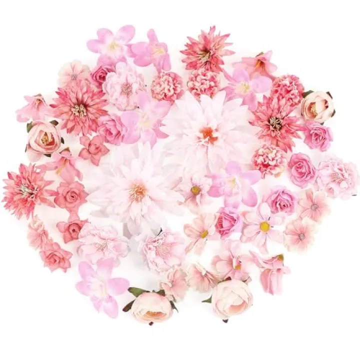 LACGO 48 PCS Fake Flowers Heads - Artificial Flower Heads Bulk Silk Faux Rose DIY Flower Embellishments Blossom Wreath Bouquets for Crafts Wedding Bridal Party Baby Shower Home Decoration(Pink)