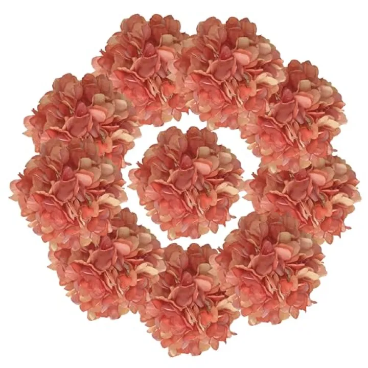 7.1''Hydrangea Silk Flowers Coral,10Pcs Artificial Silk Hydrangea Heads,81 PetalsFaux Hydrangea Flowers Heads with Stems for Home Wedding Baby Shower Decor(Coral)