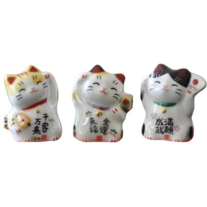 realideas Set of 3 Mini Japanese Ceramic Maneki Neko Lucky Fortune cat Figurines Waving Fortune Decor Ornaments for Home Decor, Gifts for Mom, Girlfriend