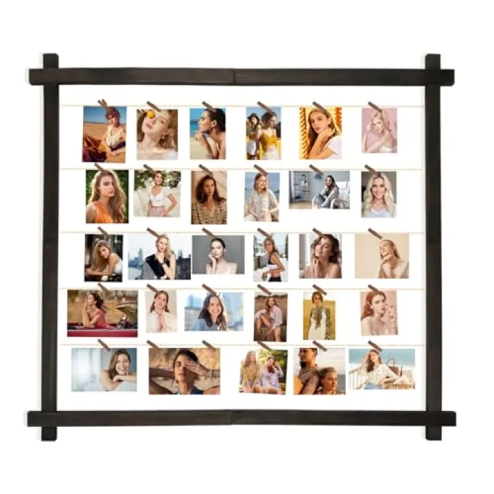 Picture Frames Collage,Photo Display Board With Clips,Hanging Picture Wall Decor for Dorm Graduation Letter Postcard Greeting Card Organizer Holder,Pine Wood,Adjustable Metal Bead String,Large