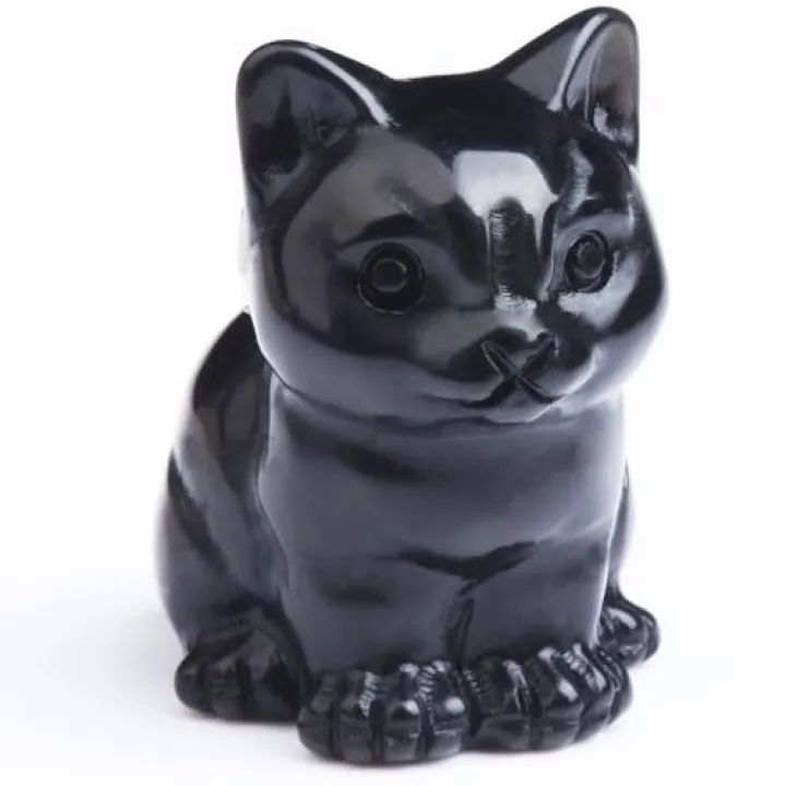 Black Obsidian Cat Crystal Statues, Healing Crystal Kitty Figurine Decorations, Black Cat Gift Lucky Cute Kitten Figurines, Handcrafted Crystal Figurine for Home Décor and Spiritual Protection