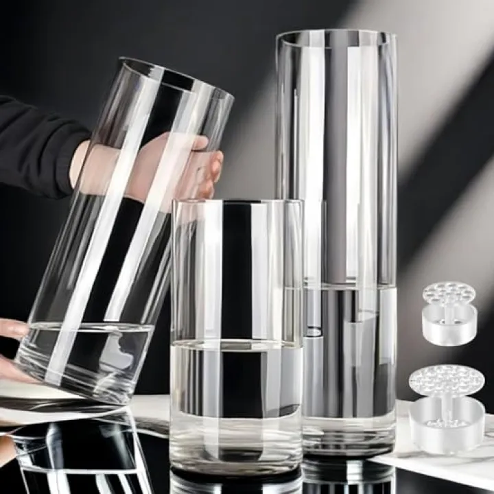 3 Large Acrylic Clear Cylinder Vase Set with 2 Spiral Ikebana Stem Holder Ring, Unbreakable Tall Plastic Hurricane Vases for Wedding Centerpieces Flower Bouquet Decor (3 Vases + 2 Holder)