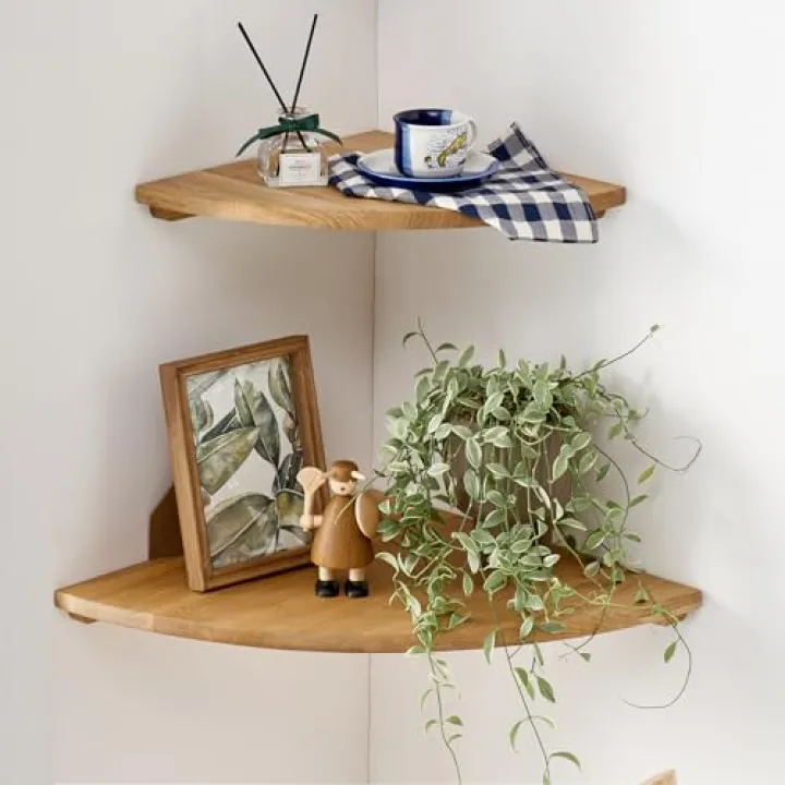 BEUGAWHOO Corner Shelves Wall Mount, 7inch Oak Wood Floating Corner Shelves Set of 2 Round End Small Plant Shelf Wall Mount for Kitchen, Living Room, Bedroom