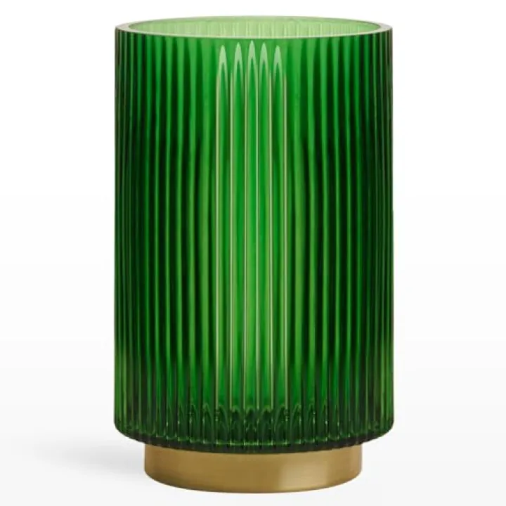 Torre & Tagus Adele Emerald Green Glass Vase with Gold Metal Base - Premium Clear Glass Cylinder Vase for Decor & Ribbed Glass Vase for Flowers, Emerald Green and Gold Decor for Table Centerpiece