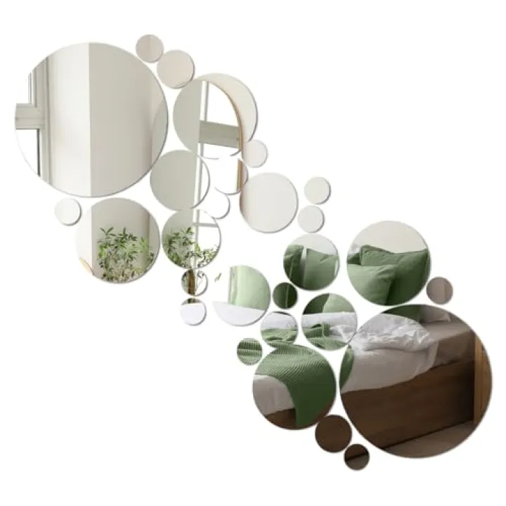 DIBALIYI 32 Pcs Acrylic Mirror Wall Stickers, Removable Wall Decal Mirror Set, Bathroom Wall Sticker Art, Circle Ceiling Mirrors for Bedroom, Home, Living Room, Sofa TV Background Decor (Medium)
