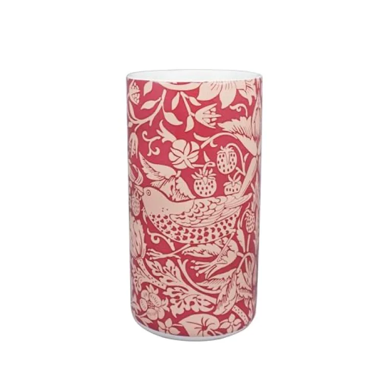 Half Moon Bay Strawberry Thief - by William Morris - Raspberry Red 6 x 3 Inch Ceramic Stoneware Cylindrical Flower Vase, VAWM02