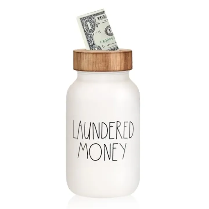 Laundry Room Decor & Organization - Premium Matte White Glass Coin Bank with Wood Lid - Rustic Farmhouse Money Jar for Loose Change - Funny Laundered Money Tip Jar & Shelf Accessories