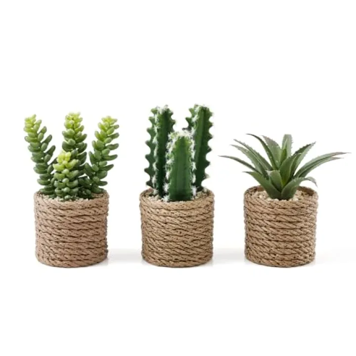 3-Pack Artificial Succulent Plants in Vintage Plastic Pots - Fake Waterproof Succulents Decor for Home, Office, Desk, Shelf - Low Maintenance Indoor Greenery for Bathroom, Living Room, Table Decor
