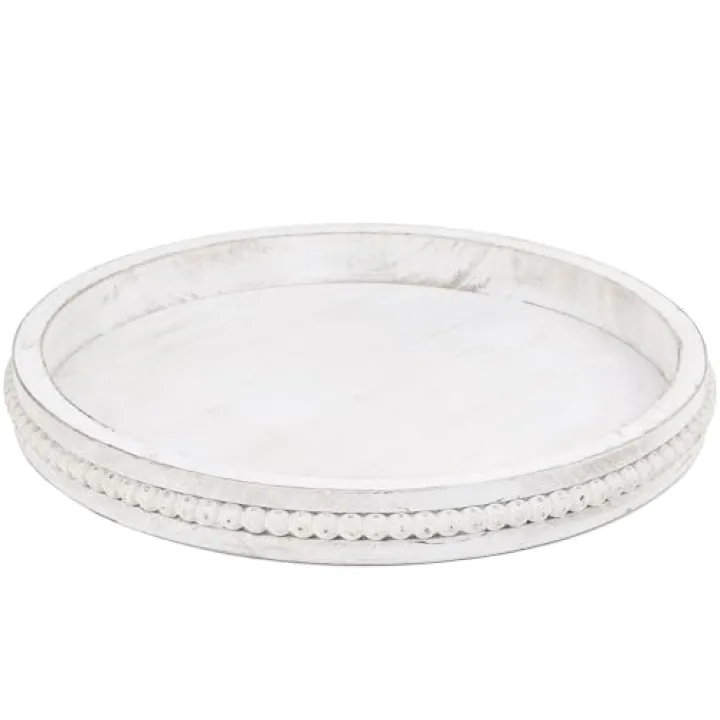Lnofemin Round Wood Serving Tray with Beads, White Washed Wooden Decorative Tray for Entertaining, Decoration, and Gifting