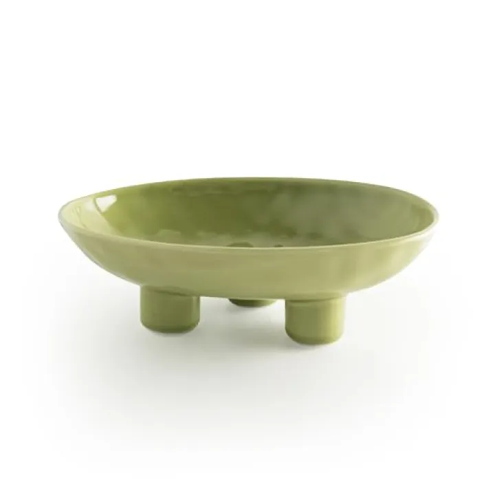 seicasaya Three-Leg Ceramic Fruit Bowl, 10 Inch Oval Serving Dish for Kitchen Counter, Candy or Key Holder, Home Decor Accent Beige Green