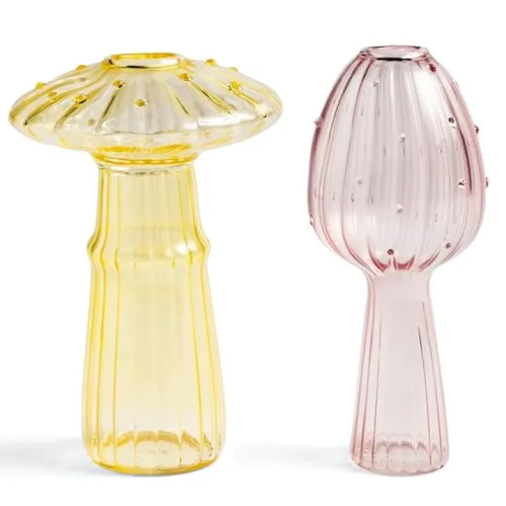 2 PCS Mushroom Breeding Vases, Colorful Glass Cute Hydroponic Unique Pink and Yellow Glass Vases, Suitable for Cottatore Rooms Home Kitchens Offices Christmas Decorations
