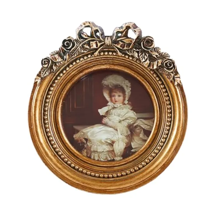 S GMOMENT Vintage Picture Frames 3x3 Antique Wallet Size Round Picture Frames with Bow and Flower for Tabletop and Wall Mount Ornate Gallery Wall Decor,Bronze,Round