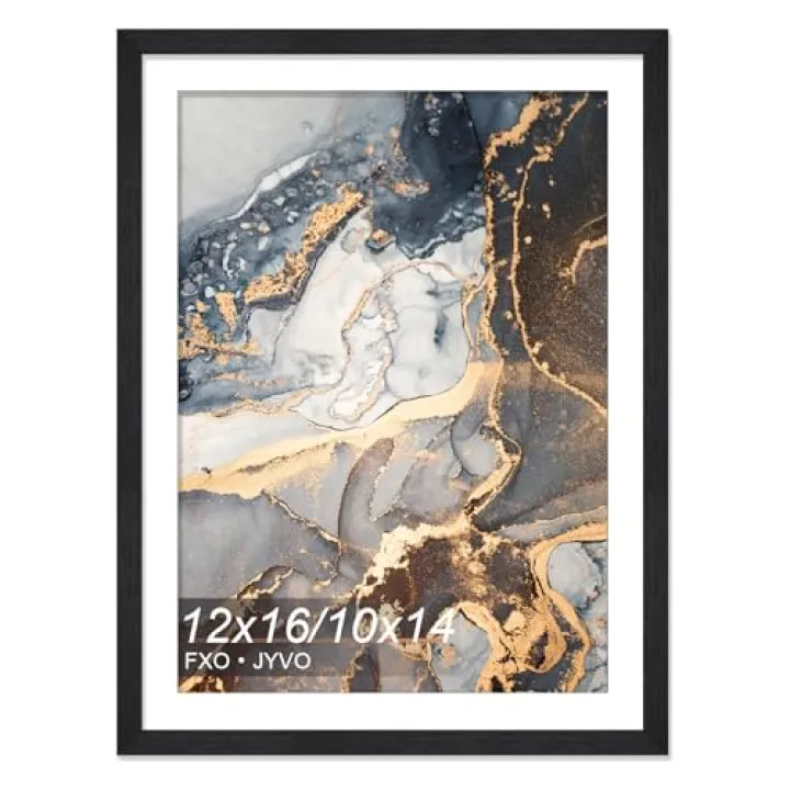 Fxojyvo Engineered Wood 12x16 Frame Black, Display Picture 10x14 with Mat or 12 x 16 Without Mat, Picture Frame with Wood-grain for Diamond Art Painting 30x40cm - 1 Pack