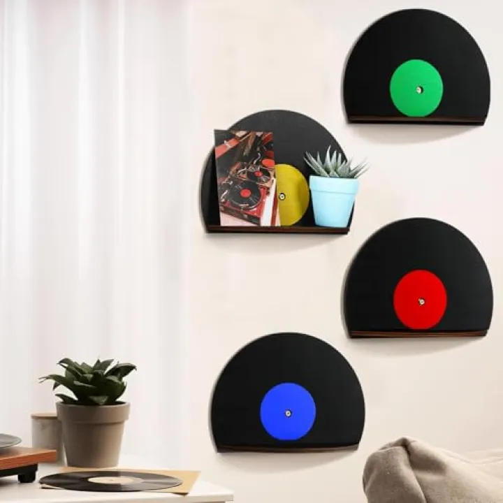 Threehoney 4 Pcs Vinyl Record Wall Decor Music Art Themed Wall Storage Shelf Blank Record Shaped Hanging Sign Aesthetic Music Theme Home Decoration for Room Bedroom Party Decor(Classic,Wooden)