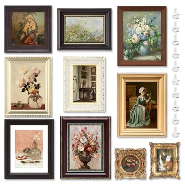 Qunclay 10 Pcs Vintage Frames for Wall or Tabletop Ornate French Country Frames Vintage Farmhouse Antique Wall Decor for Gallery Bedroom Living Room, No Photos Included(Simple Style)