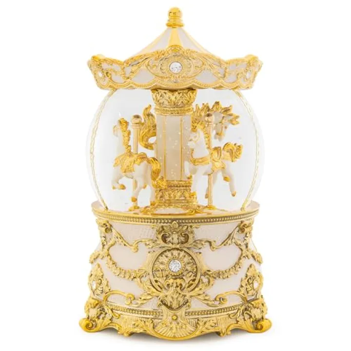 Carousel Music Box Gold & Ivory Christmas Snow Globes, 8.3" Rotate Carousel Snow Globe for Kids & Adults, Classic Wind up Musical Snow Globe Birthday Gifts for Women Girls, Carousel Horse Home Decor