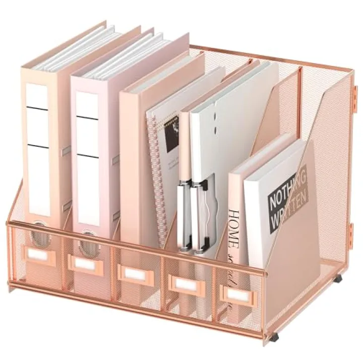 SUPEASY Desk Organizers Metal Desk Magazine File Holder with 5 Vertical Compartments Rack File Organizer for Office Desktop, Home Workspace, Rose Gold, Plus