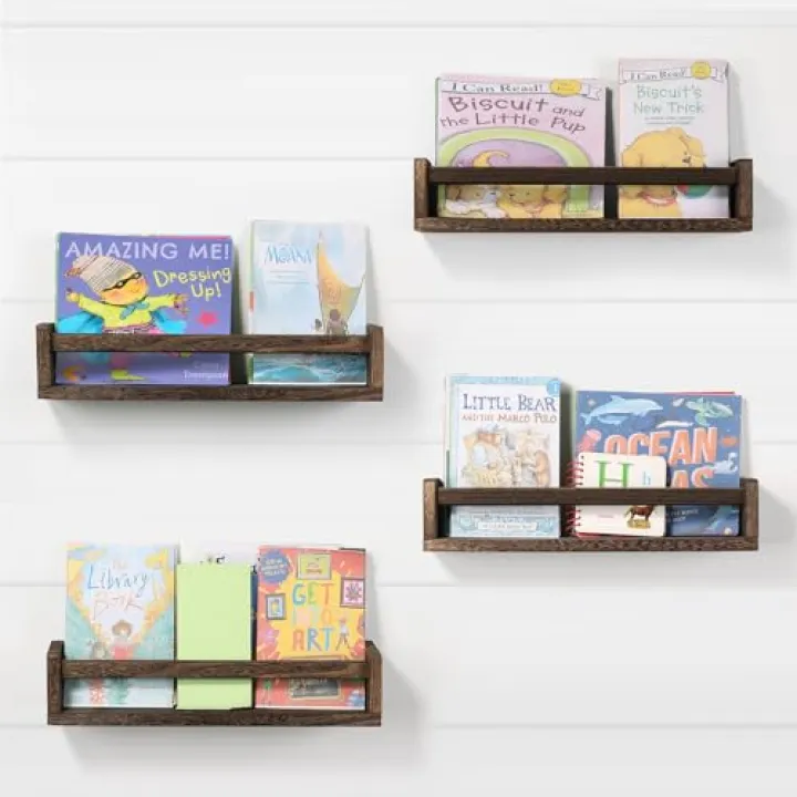 DUICIRX Nursery Room Shelves Set of 4, Wood Floating Book Shelves for Kids Room, Baby Book Shelf for Nursery, Kitchen Spice Rack (Carbonized Brown)