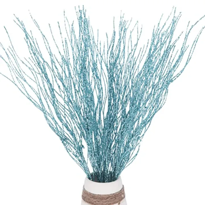 10 PCS Glitter Christmas Picks Sprays Sparkle Curly Ting Branches Decorative Sticks Stems Artificial Curly Wispy Willow Twigs for Christmas Tree Vase Fillers Crafts Garland Home Decor (10, Light Blue)