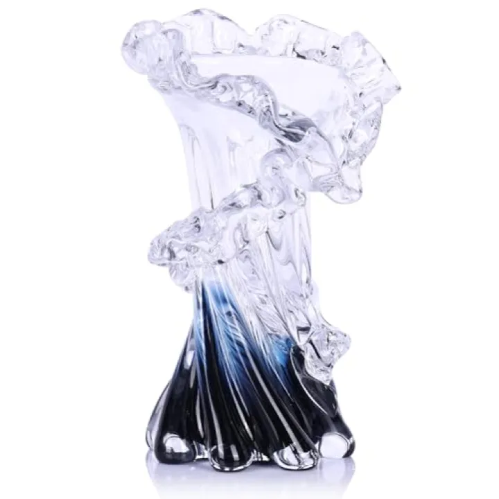 oliruim Hand Blown Blue Glass Vase, Unique Art Beautiful Ocean Glass Vase for Home Centerpiece, Coffee Table, Living Room, Office Decor - 8" H