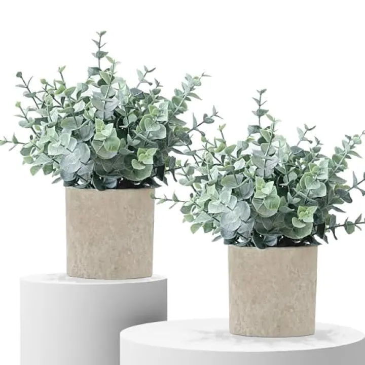 MIXROSE 2 Pack Fake Plants Eucalyptus Small Potted Artificial Plants Indoor Greenery for Shelf Desk Home Bathroom Modern Farmhouse Living Room Coffee Table Decor