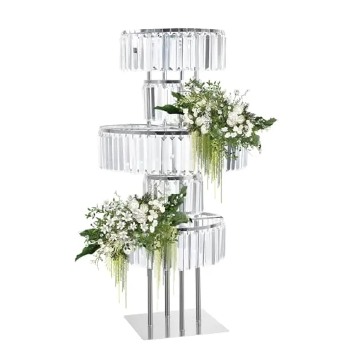Silver Crystal Vases for Centerpieces, 47.2in Metal Pedestal Stands for Table Chandelier Centerpiece Wedding, 5 Tier Round Flower Stand for Wedding Reception Birthday Party Events Home Decor