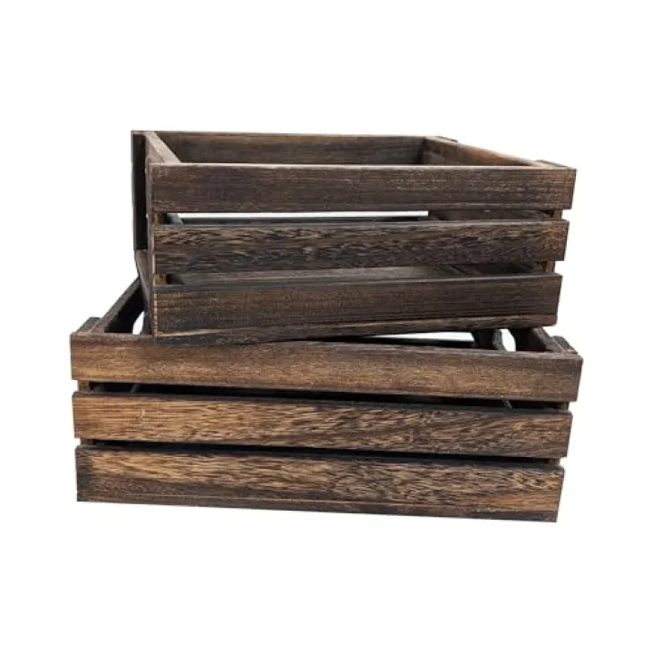 arborishthink Rustic Vintage Finished 2 Packs Wooden Crate with Handles - Nesting Storage Display Organization Crate for Party Office Bedroom Kitchen and Closet