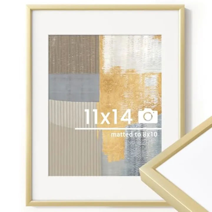 11x14 inch Metal Picture Frame - 11 x 14 Thin Aluminum Photo Frames with 8x10 Removable Mat - High Definition Plexiglass - Vertical and Horizontal Display - Wall Hook Hanging Hardware Included - Gold, Set of 1