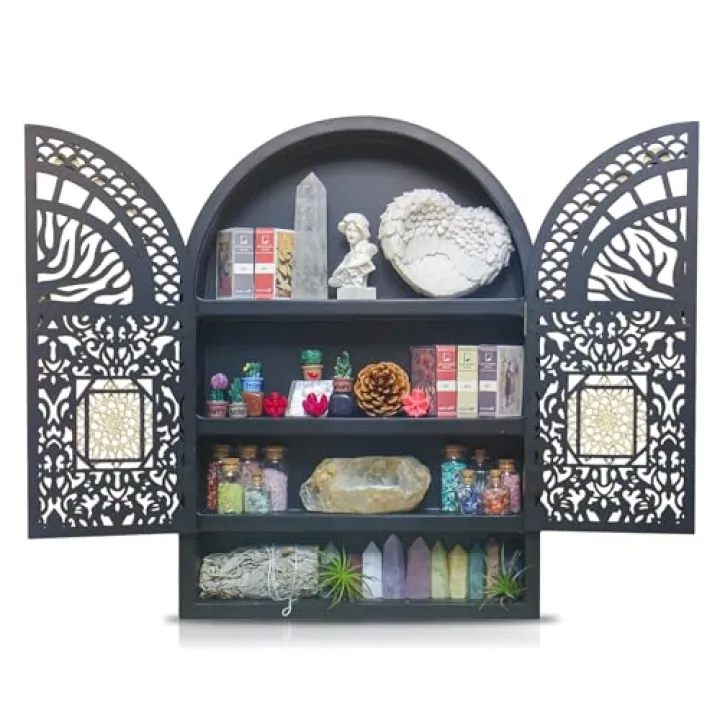 FNYDOX Large Crystal Display Shelf for Wall, Crescent Moon Phase Shelf Wall Decor, Wooden Arch Shelf, Tree of Life Crystal Holder Organizer, Cabinet for Gem Stone Rock, Spiritual Home Room Decor