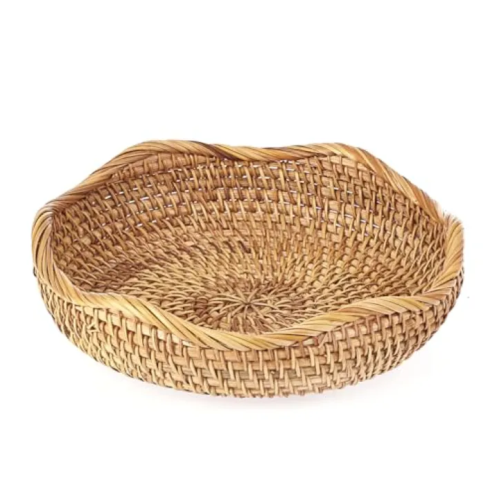 Hipiwe Natural Rattan Tray 8.5" Wicker Storage Bowls Hand Woven Basket Tray for Bread Fruit Key Round Fruit Baskets for Kitchen Entryway Tabletop Decorative Baskets Bowl