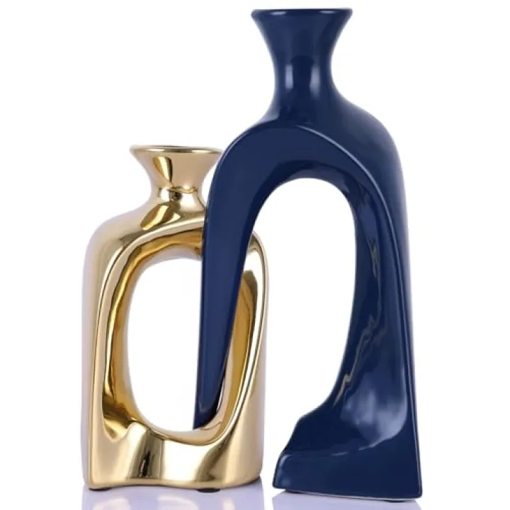 PlivBloom Blue and Gold Ceramic Vases,Pottery Decor Aesthetic Pampas Grass Vase,Midcentury Modern Decor Boho Vase,Unique Donut Vase for Coffee Table Centerpiece,Entry Table Decor (Blue Gold)