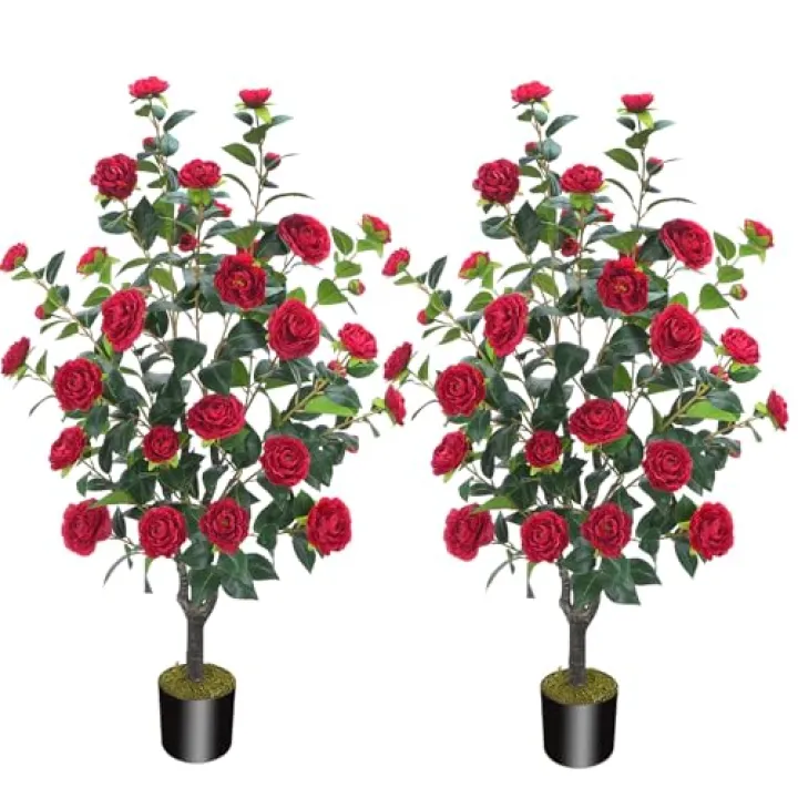 3.6FT Artificial Camellia Fake Tree, Artificial Plants & Flowers with 32 Red Flowers for Door Front Decoration Porch Patio Living Room Office Indoor Outdoor Decor (2PCS Contains Dried Moss)