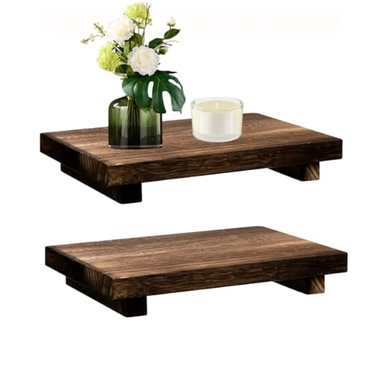 JoyHuaTrade 2 PCS Wood Pedestal Stand Risers for Decor, Small Wooden Tray Farmhouse Bathroom Decor for Soap Bottle Plant Makeup Candles Towels Jewelry, 9 x 5.9 x 1.57 Inch