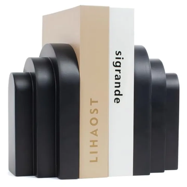 LIN CHUAN Heavy Duty Book Ends for Shelves, Decorative Bookends for Heavy Books Set of 2, 6.6 LBS Modern Book Stopper for Home Decor, Bookshelf, Aesthetic Bookend with Layered Arch Design, Black