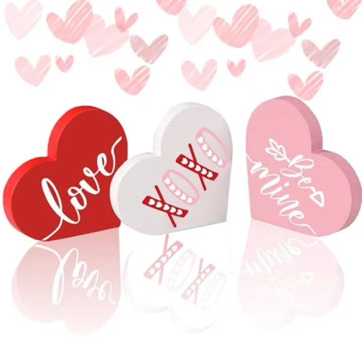 Valentines Day Decorations, 3pcs Double Printed Wood Conversation Hearts Sign for Valentines Day Tiered Tray Decor, Romantic Valentines Day Decorations for Home Office Table Wedding Party Farmhouse