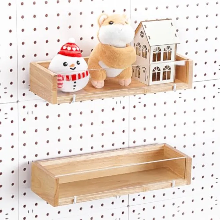 Marsui 2 Pcs Pegboard Shelf Wood with Acrylic 12.2 x 3.94 Inch Display Shelves Brackets with Metal Hooks Heavy Duty Pegboard Accessories for Storage and Organization(Wood)