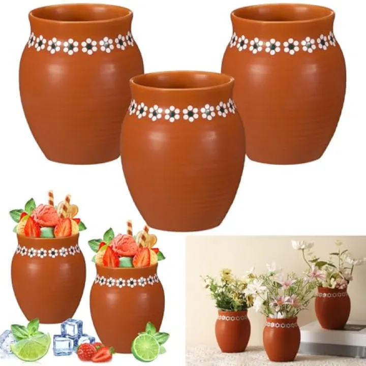 Ninehaoou 3 Pcs 16oz Cantaritos De Barro Mexicanos Terracotta Vases Sets Mexican Ceramic Vases with Flower Print Clay Margarita Glasses for Mexican Wedding Table Decorations Fiesta Centerpieces